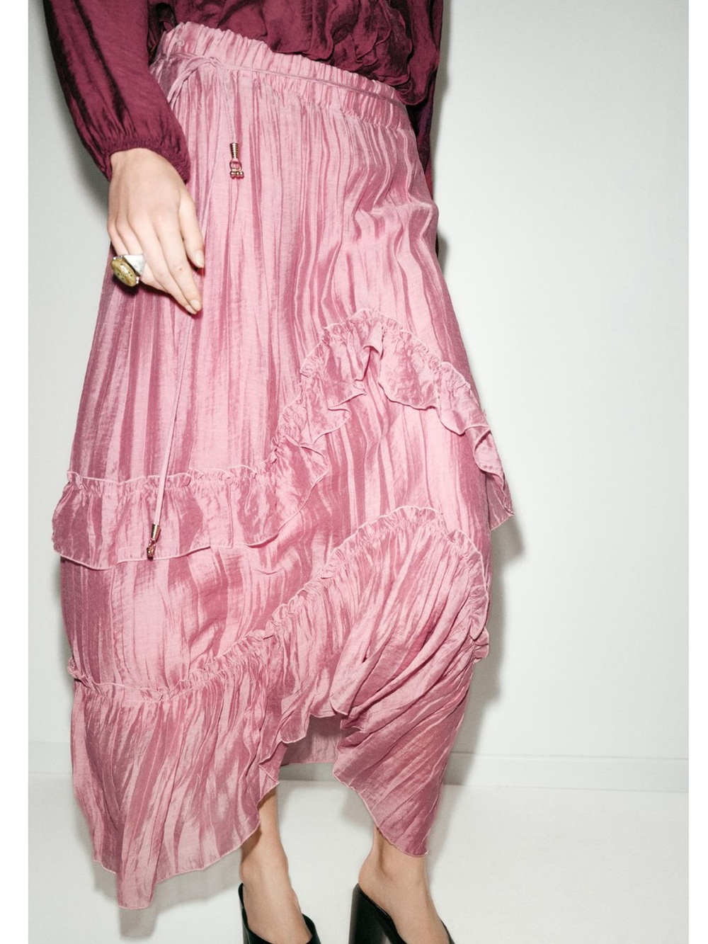 Zara Pink Ruffle Midi Skirt, M